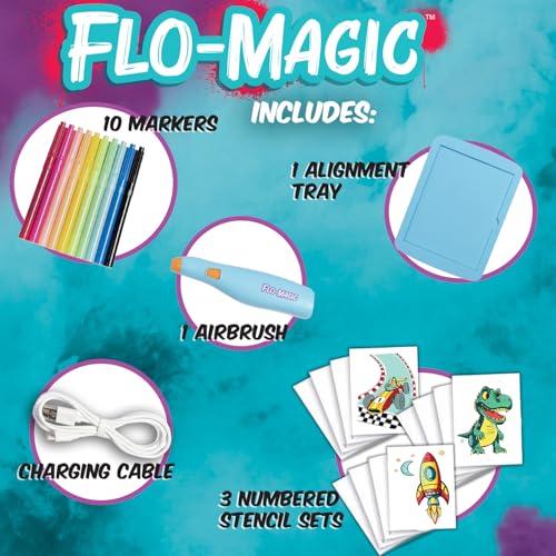 Flo-Magic Adventure Airbrush Marker Stencil Art Kit- Rocket, Race Car, Dinosaur- Washable Non-Toxic, Rechargeable- Craft kit for Kids Age 5 6 7 8 9 10