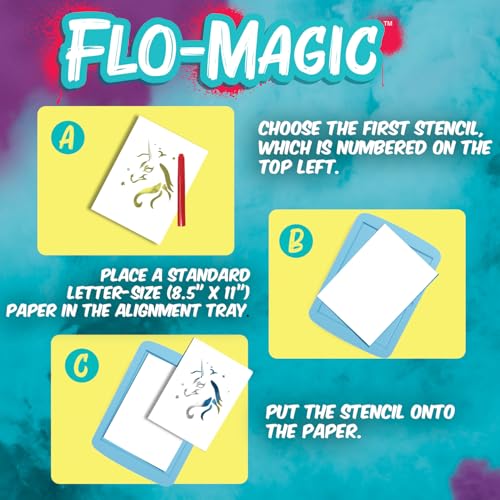 Flo-Magic Adventure Airbrush Marker Stencil Art Kit- Rocket, Race Car, Dinosaur- Washable Non-Toxic, Rechargeable- Craft kit for Kids Age 5 6 7 8 9 10