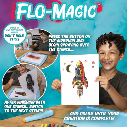 Flo-Magic Adventure Airbrush Marker Stencil Art Kit- Rocket, Race Car, Dinosaur- Washable Non-Toxic, Rechargeable- Craft kit for Kids Age 5 6 7 8 9 10