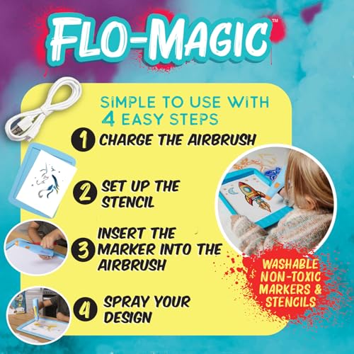 Flo-Magic Adventure Airbrush Marker Stencil Art Kit- Rocket, Race Car, Dinosaur- Washable Non-Toxic, Rechargeable- Craft kit for Kids Age 5 6 7 8 9 10